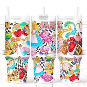 Back to School, Alice in Wonderland 40 oz Tumbler with Straw | Mad Tea Party Cup | Whimsical Fantasy Drinkware | Queen & Clock Design