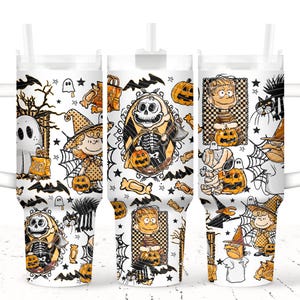 Halloween, Vintage Charlie Brown Tumbler – 40oz Stainless Steel Cup with Handle – Cute Spooky Characters – Trick or Treat Fall Drinkware