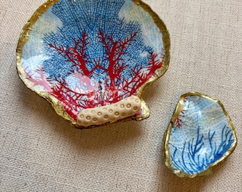 Shell Trinket Dish Set | “The Liberty Reef” | Oyster & Scallop Shell Jewelry Dishes, Coastal Americana Decor, Gold Leaf Ring Holders, Fourth
