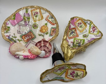 Mahjong Oyster Shell Gift Set “The Lucky Tide” | Coastal Mahjong Decor | Oyster Shell Jewelry Dish, Wine Stopper & Scallop Trinket Tray
