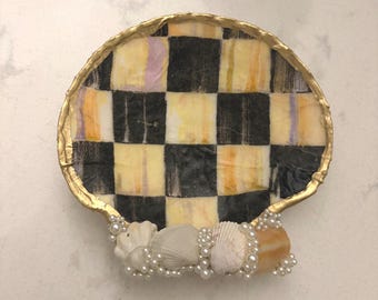 Scallop Shell Jewelry Dish | “The Golden Harlequin” | Black & Gold Checkered Trinket Dish, Pearl Embellished Shell, Coastal Gift