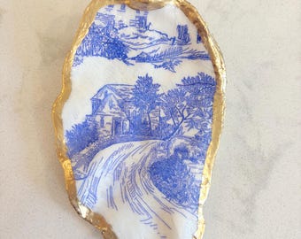 Oyster Shell Jewelry Dish | “The Blue Toile Shell” | Coastal Decor, Gold Rim Trinket Dish, Gift for Her
