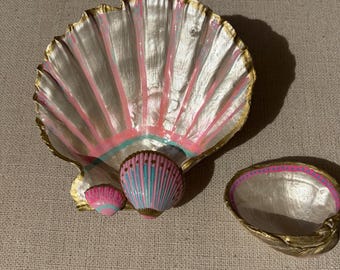 Pink Cabana Shell Collection | Hand-Painted Coastal Trinket Dish Set | Scallop Jewelry Dish & Oyster Ring Holder | Naples Shell Company