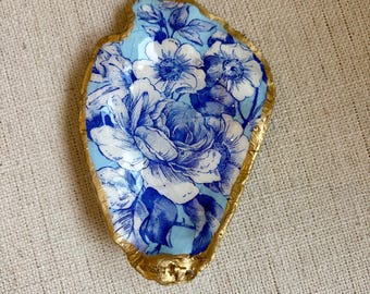 Oyster Shell Jewelry Dish | “The Blue Blossom” | Gold Leaf Ring Holder, Blue Floral Trinket Dish, Coastal Grandmillennial Decor