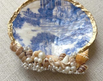 Scallop Shell Jewelry Dish | “The Blue Harbor Shell” | Chinoiserie Coastal Trinket Tray, Gold Leaf Shell Decor, Pearl & Seashell Embellished