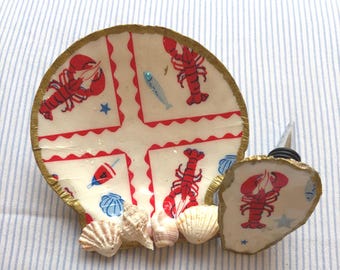 Lobster Roll Social Shell Set | Lobster Scallop Shell Trinket Dish & Oyster Shell Wine Stopper | Coastal Decor | Nantucket Inspired Gift | B