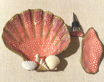 Coral Reef Treasure Shell Set | Hand-Painted Scallop Jewelry Dish, Oyster Ring Dish & Coastal Wine Stopper | Naples Shell Company