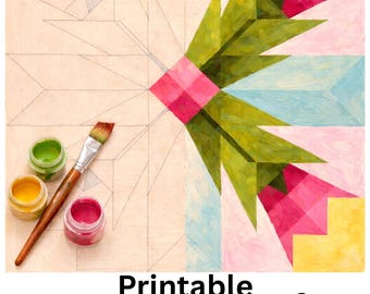 May include: A partially painted barn quilt design with pink, green, blue, and yellow geometric shapes. A paintbrush and three small paint jars in green, yellow, and pink are on the left. The text "Printable Barn Quilt Templates & Stencils" is at the bottom.