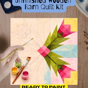 May include: An unfinished wooden barn quilt kit with a partially painted floral design. The kit includes paint, brushes, and the text "Ready to Paint, Create Your Own Décor". The floral design features pink, green, yellow, and blue geometric shapes.