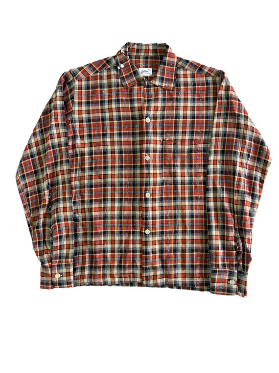 Vintage 1960s Rayon Plaid Fleck Rockabilly Loop Collar Shirt 
