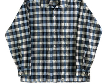 vintage 1960s cotton blue shadow plaid rockabilly loop collar shirt medium