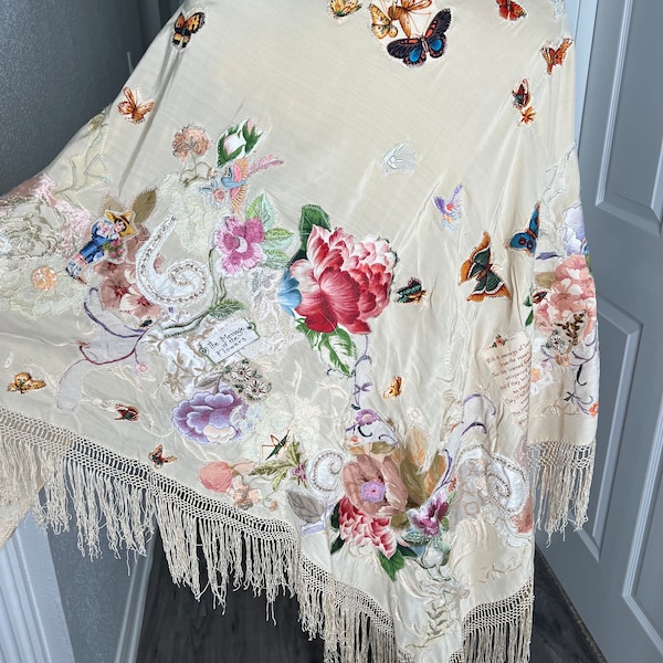 Vintage Custom embroidered fringe designer Jane Elissa piano shawl / scarf / wrap | 1 of a kind patchwork piece