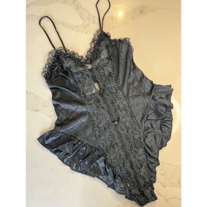 Vintage Black Satin lace roses lingerie Bodysuit Small