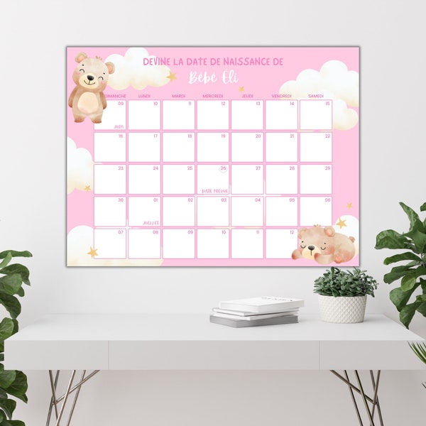 Calendrier prédiction bébé pour baby shower, jeu prédiction date naissance, thème ourson français, fille rose, FICHIER EDITABLE DIGITAL