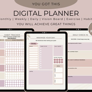 Puede incluir: Planificador digital con tres páginas: un rastreador de hábitos, un planificador diario y un control diario. Las páginas están diseñadas con un esquema de color rosa claro y beige y presentan una estética minimalista. El rastreador de hábitos tiene un desafío de 13 días, el planificador diario tiene secciones para objetivos, tareas y una cita diaria, y el control diario tiene secciones para el éxito, lo que te hizo feliz hoy, lo que aprendiste hoy, lo que quieres mejorar mañana, por lo que estás agradecido y pensamientos.