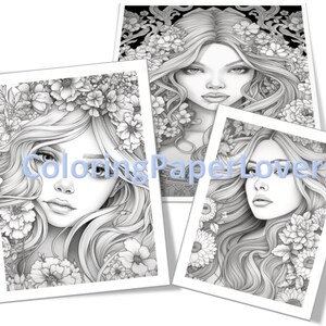 10 Premium Coloring Page | Printable Adult Women Coloring Pages Book Download Grayscale Illustration PDF ZIP