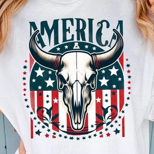 American Flag Cow Skull PNG | Western Patriotic Skull Design Digital Download File | 4th Of July Sublimation for Print PNG