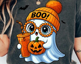 Sweet Ghost PNG, Boo Ghost with Pumpkin Coffee and Beanie Design, Spooky Season