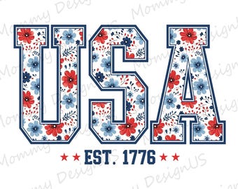 Retro USA Est 1776 PNG, Patriotic Floral Design, 4th Of July Digital File