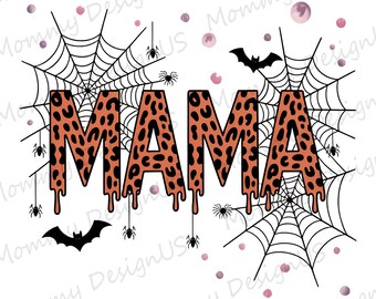 Leopard Halloween Mama PNG, Boho Spooky Spider Web Design, Retro Bat Fall Season
