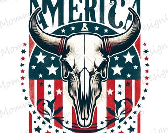 Bandiera americana, teschio di mucca PNG, design patriottico western, download digitale per il 4 luglio