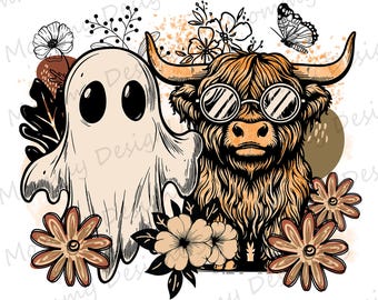 Boho Ghost Cow PNG, Floral Highland Halloween Design, Funny Autumn Digital File