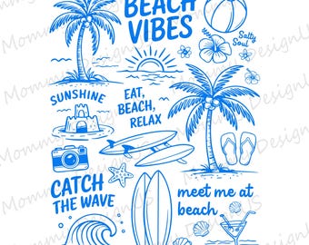 Vintage Summer Beach PNG, Retro Coastal Doodle Design Sublimation Print, Eat Beach Relax Digital Download File