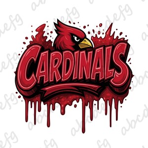 May include: A graphic design featuring the word CARDINALS in bold red lettering with a dark outline. Above the text is a red cardinal bird head with a yellow beak. The entire design is set against a red paint splatter effect with drips.