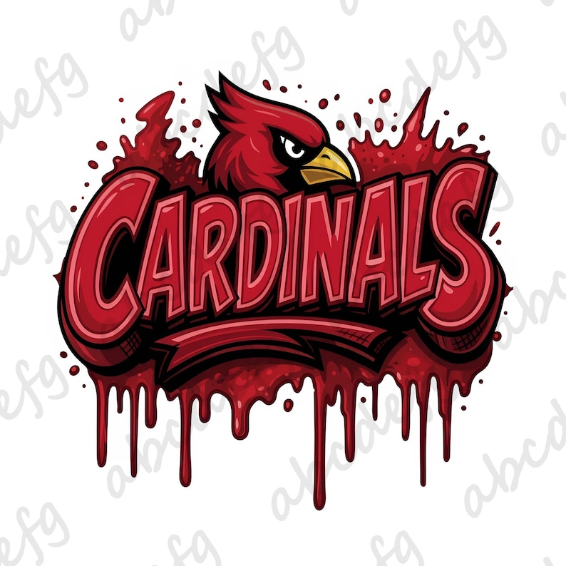 May include: A graphic design featuring the word CARDINALS in bold red lettering with a dark outline. Above the text is a red cardinal bird head with a yellow beak. The entire design is set against a red paint splatter effect with drips.