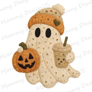 May include: A felt applique of a ghost wearing a tan beanie with a heart, holding an orange jack-o'-lantern pumpkin and a tan iced beverage with a straw. The ghost has a cream-colored body patterned with small gold and brown stars.