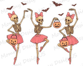 Dancing Skeleton PNG, Ballerina Halloween Girly Design, Spooky Pumpkin Season