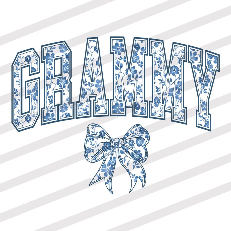 May include: A graphic design featuring the word "GRAMMY" in a bold, arched font, filled with a blue floral pattern. Below the text is a matching blue floral bow. The background has diagonal white and light gray stripes.