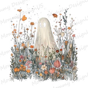 May include: An illustration of a friendly ghost in a white sheet, standing in a field of colorful wildflowers. The flowers are in shades of orange, pink, and yellow, with green stems and leaves. The ghost has two oval eyes and a small mouth.
