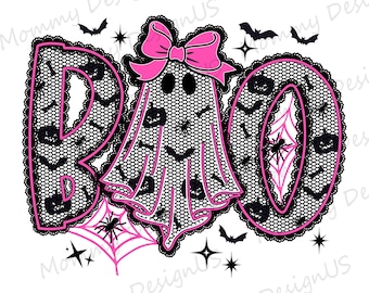 Coquette Boo PNG, Trendy Lace Ghost Pink Bow Design, Girly Spooky Digital File