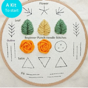 Pode incluir: Um close-up de um aro de bordado branco com vários pontos de bordado, incluindo pontos de flor, folha, contorno, cetim e mosca. O texto "Beginner Punch needle Stitches" está impresso no aro.