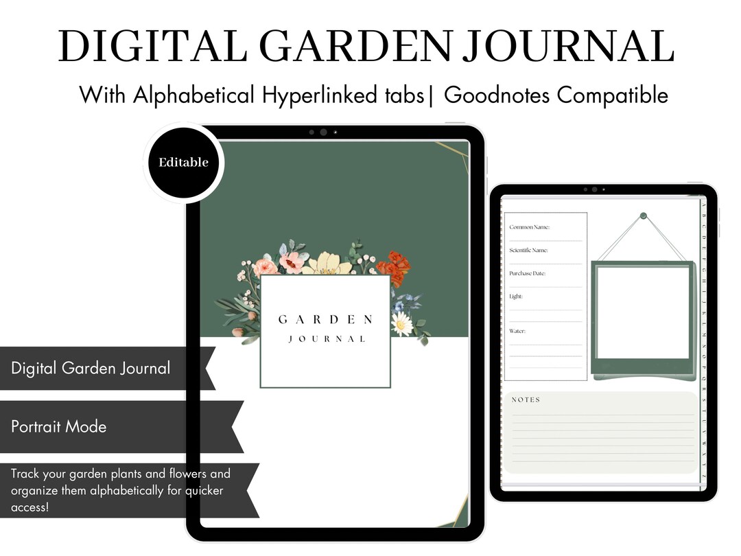 Digital Garden Journal, Editable, With Hyperlinked AZ Tabs and Note