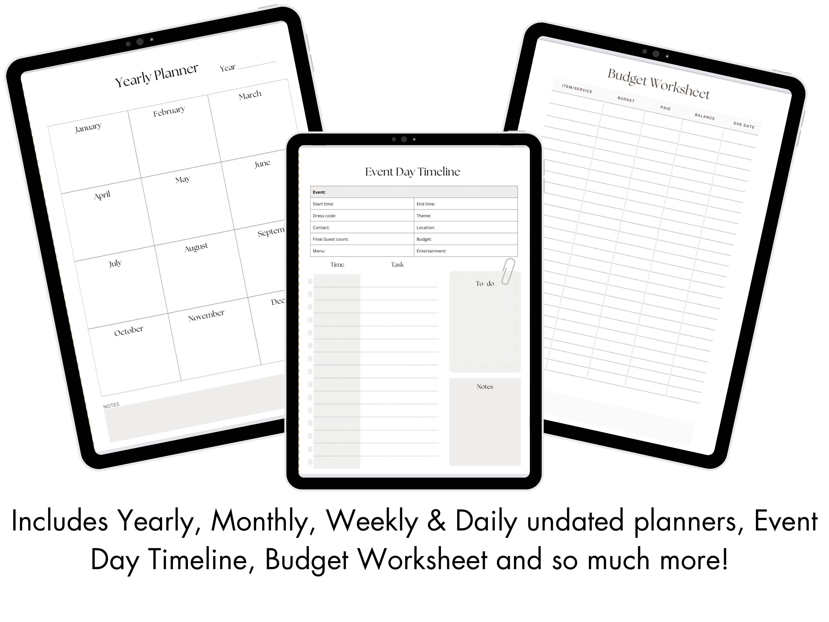 Digital event management planner planner includes yearly monthly