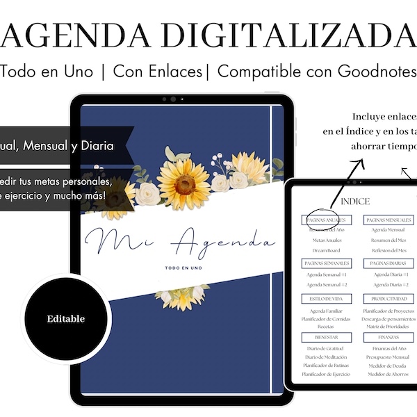 Agenda Digitalizada- Agenda Anual, Mensual, y Diaria con enlaces que te ayudan a medir metas, progreso, hábitos, presupuesto y mucho más!