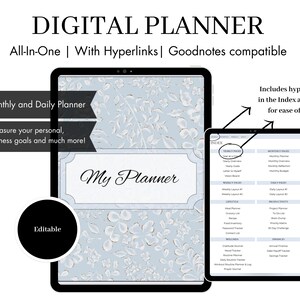 Op de afbeelding: Een digitale planner-app op een tabletscherm met een blauw en wit bloemenpatroon. De app biedt jaarlijkse, maandelijkse en dagelijkse plannersecties, evenals een sectie voor het bijhouden van persoonlijke, carrière- en fitnessdoelen. De app bevat ook hyperlinks in de index en tabbladen voor gebruiksgemak.