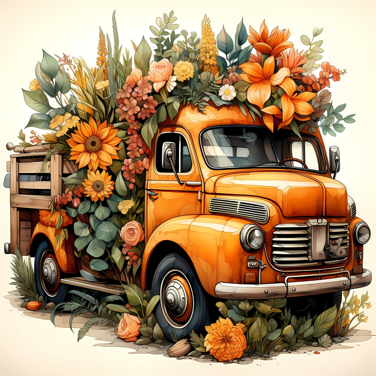 Water Color Art-flower Truck-clipart Png,clipart Pack of 14 Crafts Card