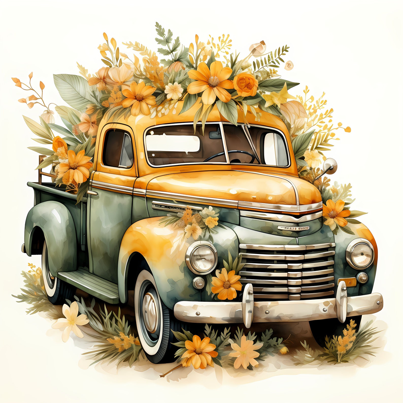Water Color Art-flower Truck-clipart Png,clipart Pack of 14 Crafts Card