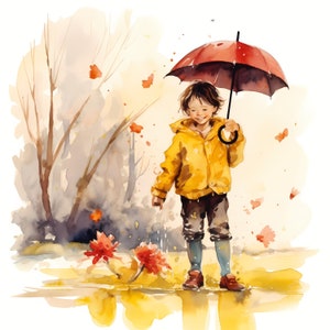 Arte color agua-Niño y paraguas -Clipart PNG, paquete de imágenes prediseñadas de 20 tarjetas artesanales que hacen fondo transparente, descarga instantánea, archivo digital