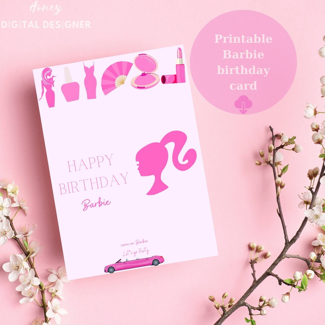 Barbie Birthday Card Pink Happy Birthday Card Printable Etsy