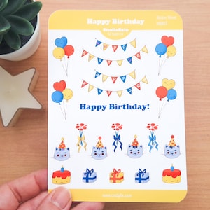 Folha de adesivos de feliz aniversário (1 peça), ilustração, kawaii, adesivos de diário, aniversário, papelaria, álbum de recortes, ideia de presente fofo