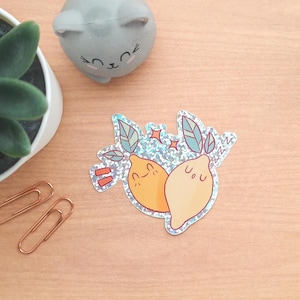 Zoete citroensticker | Glittervinylstickers | Plakkers | Laptopstickers | Kawaii-stickers | Leuke stickers | Vrienden van citroenfruit