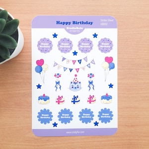 Hoja de pegatinas de feliz cumpleaños (1 unidad), ilustración, kawaii, pegatinas de diario, cumpleaños, papelería, álbum de recortes, idea de regalo bonita