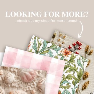 May include: A collection of five different patterned fabric swatches, including a pink and white gingham, a floral pattern, a white fabric with embroidered flowers, and a white fabric with a knitted texture and seashells.