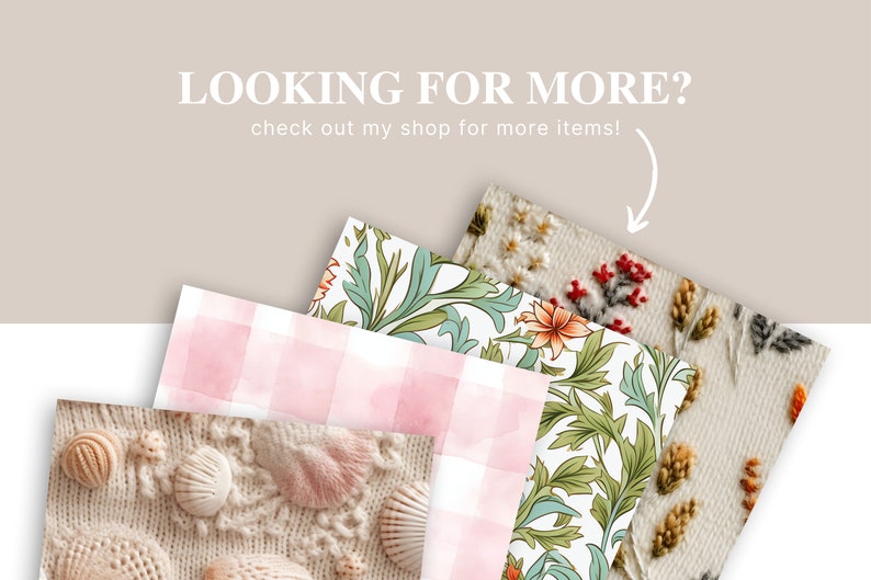 May include: A collection of five different patterned fabric swatches, including a pink and white gingham, a floral pattern, a white fabric with embroidered flowers, and a white fabric with a knitted texture and seashells.