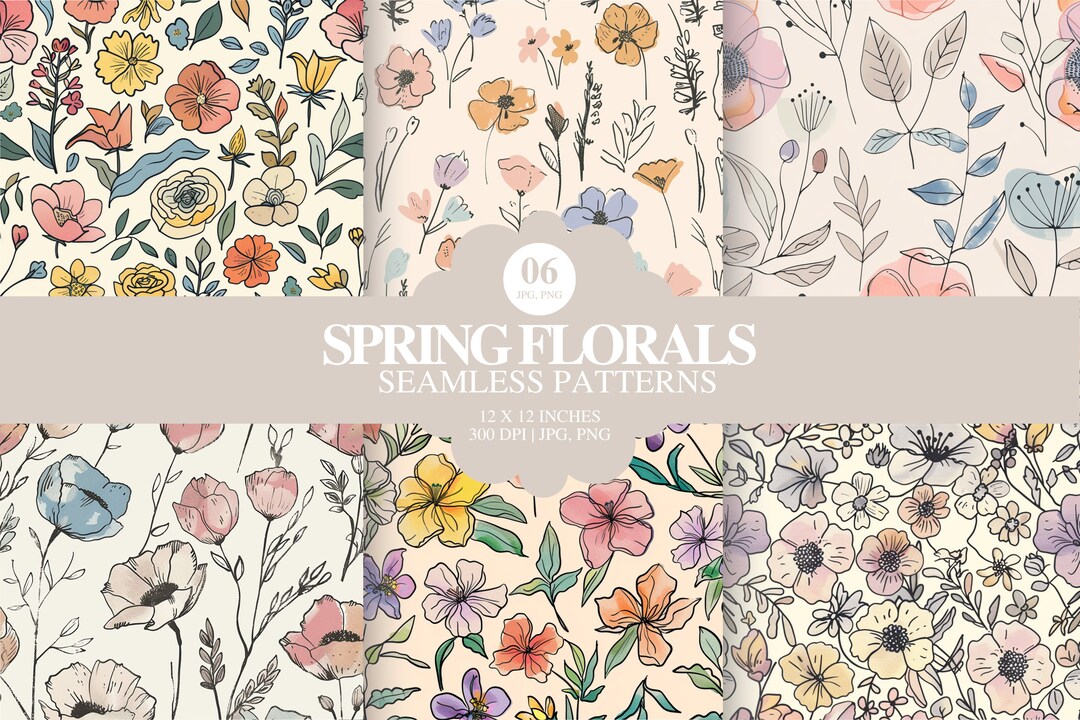 Set of 6 Digital Seamless Paper Textures | Cute Outlined Pastel Floral ...