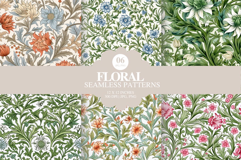 Set of 6 Digital Seamless Paper Textures | Cute Intricate Floral Flower ...